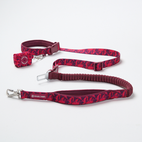 Multipurpose Seatbelt Handsfree Leash & Poop Bag Holder Set - Fuchsia Camo